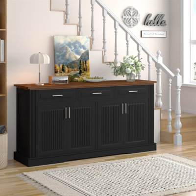 Buffet de 63 po à lattes cannelées avec rangement, station de café moderne avec 4 portes et 3 tiroirs, console de rangement en bois pour le salon, la salle à manger et le vestibule