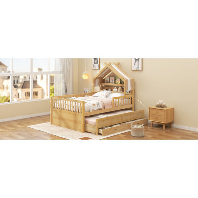 Lit simple avec lit gigogne et tissu, naturel
