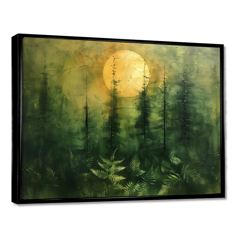 Décoration murale vert forêt jaune pleine lune Fusion I - forêt, Toile avec cadre flottant noir, H 16 po x l 32 po x P 1 po