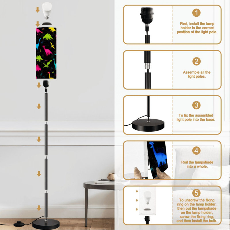 Lampe sur pied Mignon enfants garçons Dinosaures colorés abstrait grunge amusant Lampe sur pied moderne à intensité variable avec télécommande Pédale abat-jour Abat-jour grand poteau d'angle pour le salon Chambre Bureau