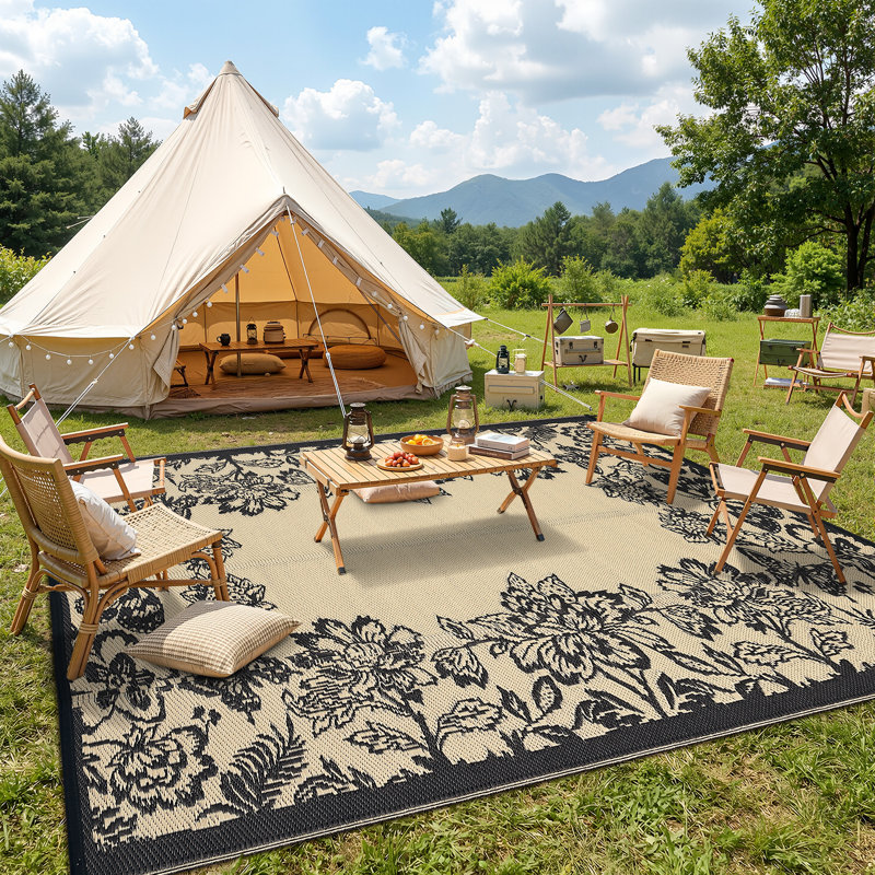 Tapis d'extérieur imperméable avec bordure en plastique - Tapis de pont réversible, résistant aux rayons UV, aux taches et facile à nettoyer pour la cour