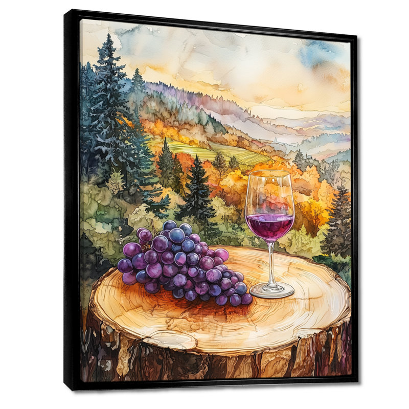 Vignoble avec verre de vin et raisin en Provence IV - Art mural grand vignoble, H 32 po x l 24 po, Noir