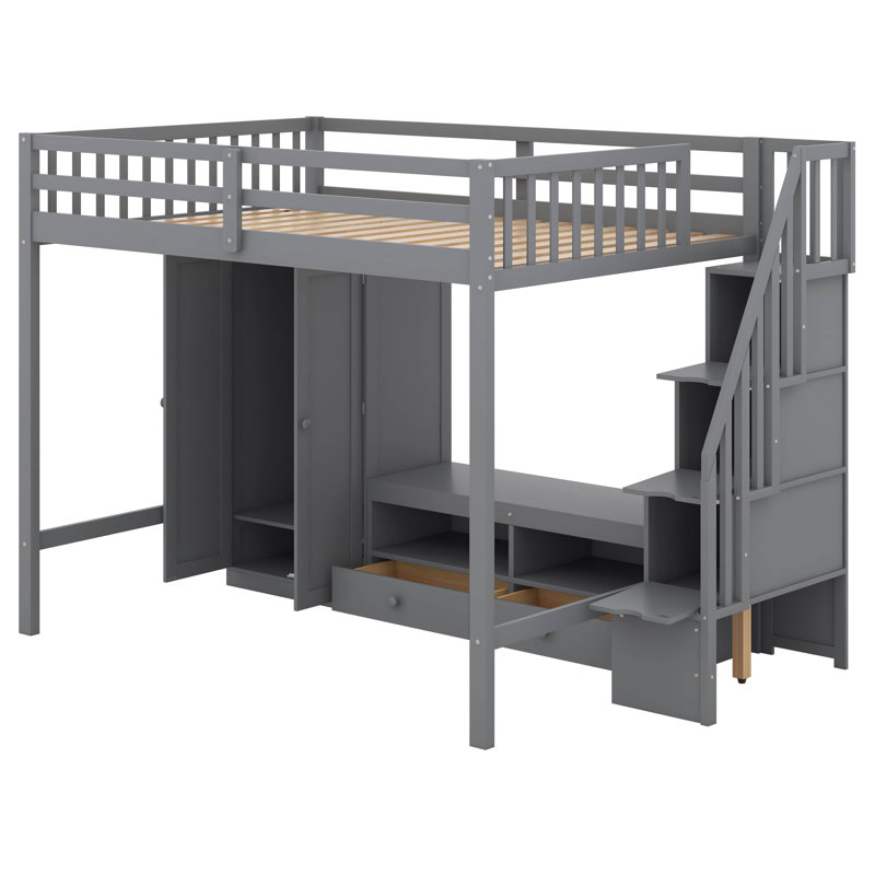Full Size Loft Bed Frame With Wardrobe,Low Storage Table And Storage Staircase, Gray