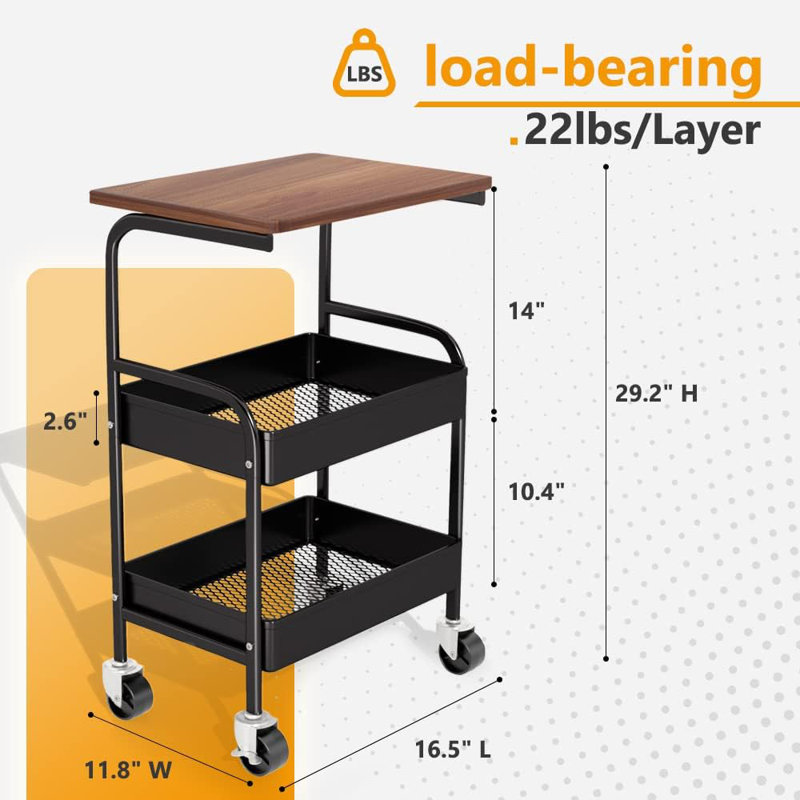 Rolling Cart With Tabletop, 3 Tier Metal Utility Cart, Rolling Storage Organizer Cart With Lockable Wheels, Black/Brown