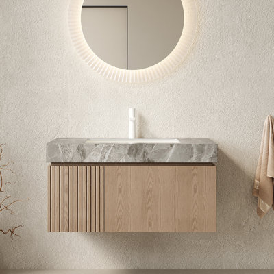 Meuble-lavabo de salle de bain 36 po et lavabo, meuble de rangement flottant en contreplaqué avec tiroir et porte, comptoir en pierre frittée gris clair et lavabo en céramique