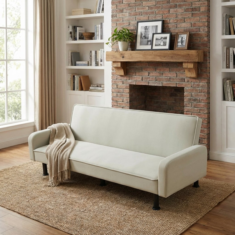 Convertible Sofa with Adjustable Backrest, Solid Wood Frame, Beige Velvet