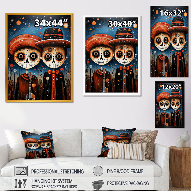 Art mexicain, Jour des Morts 3 - Art mural mexicain, Cadre simple noir, H 20 po x l 12 po x P 1 po