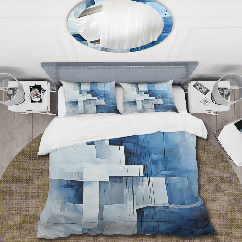 Ensemble de housse de couette blanc et bleu à motif géométrique nautique, Housse de couette pour très grand lit