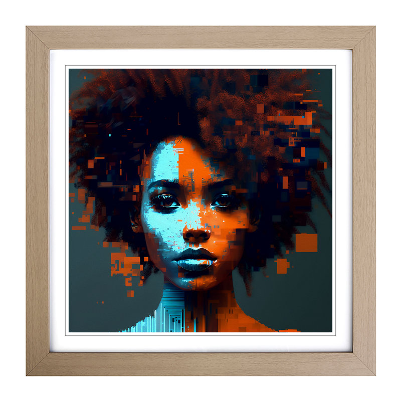 Woman with Affro Glitch Art - Framed Print, Oak Framed