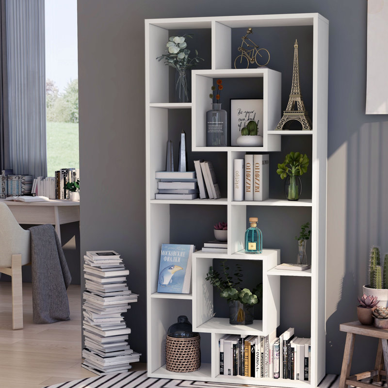  72.8''H Geometric Display Bookcase with Open Shelves