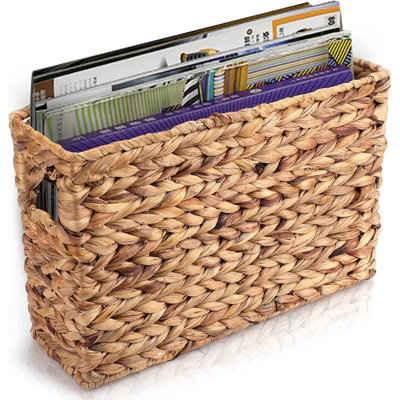 Hand-Woven Narrow Water Hyacinth Holder Wicker Basket, 15.5 X 5.5 X 9.75 Inch Decorative Magazine Storage Basket Bin For Home, Office, Desk by MAXAYA