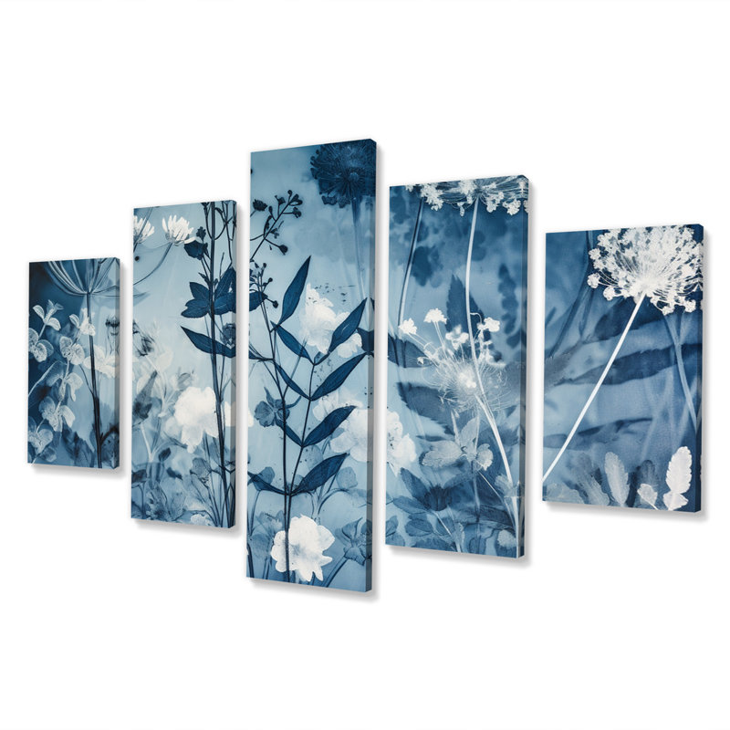 «Vintage Botanical Autumn Leaves Faded Blue IV» - art mural abstrait sur toile botanique - 5 panneaux