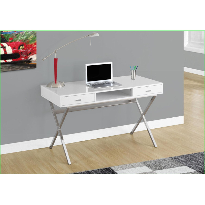 Bureaux, bureau d'ordinateur moderne de 48 po avec tiroirs de rangement et tablette ouverte, stratifié blanc brillant et métal chromé | Blanc | Panneau de particules