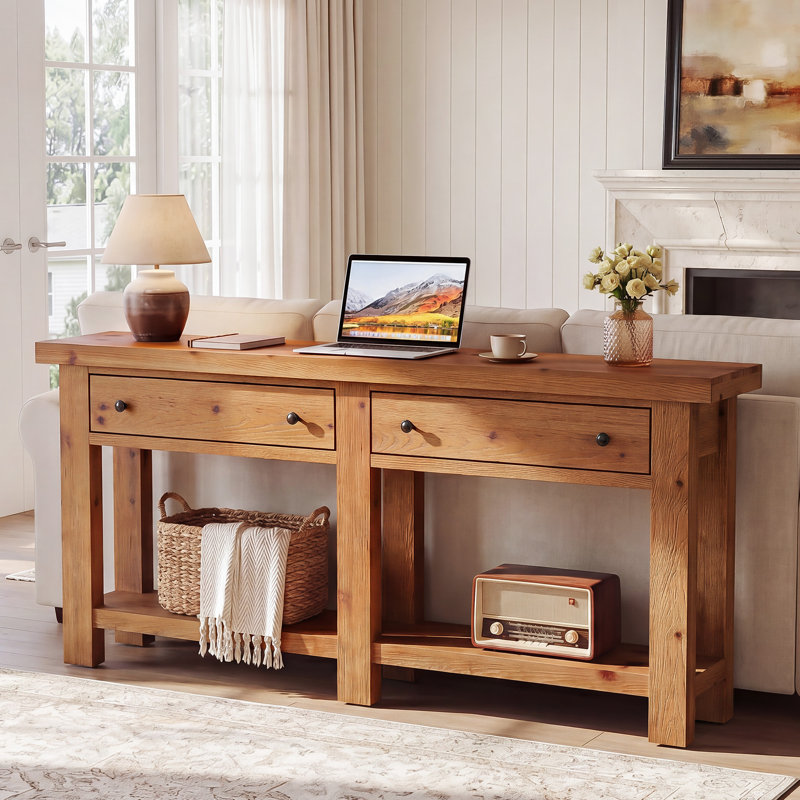 Console de 63 pouces en bois massif avec 2 tiroirs, canapé derrière le canapé et tablette de rangement pour le salon, le couloir