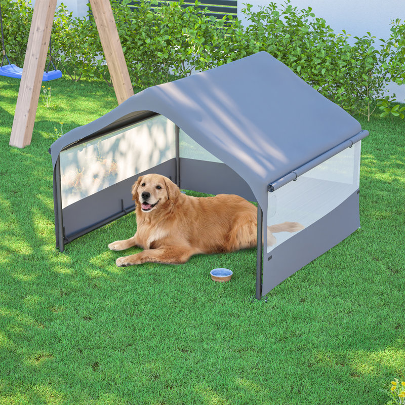 Grande tente extérieure pour animaux avec 3 fenêtres en filet et auvent pour chiens, chats et autres petits animaux de compagnie, gris