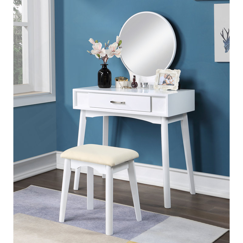 Ensemble coiffeuse et tabouret contemporain en bois, Blanc