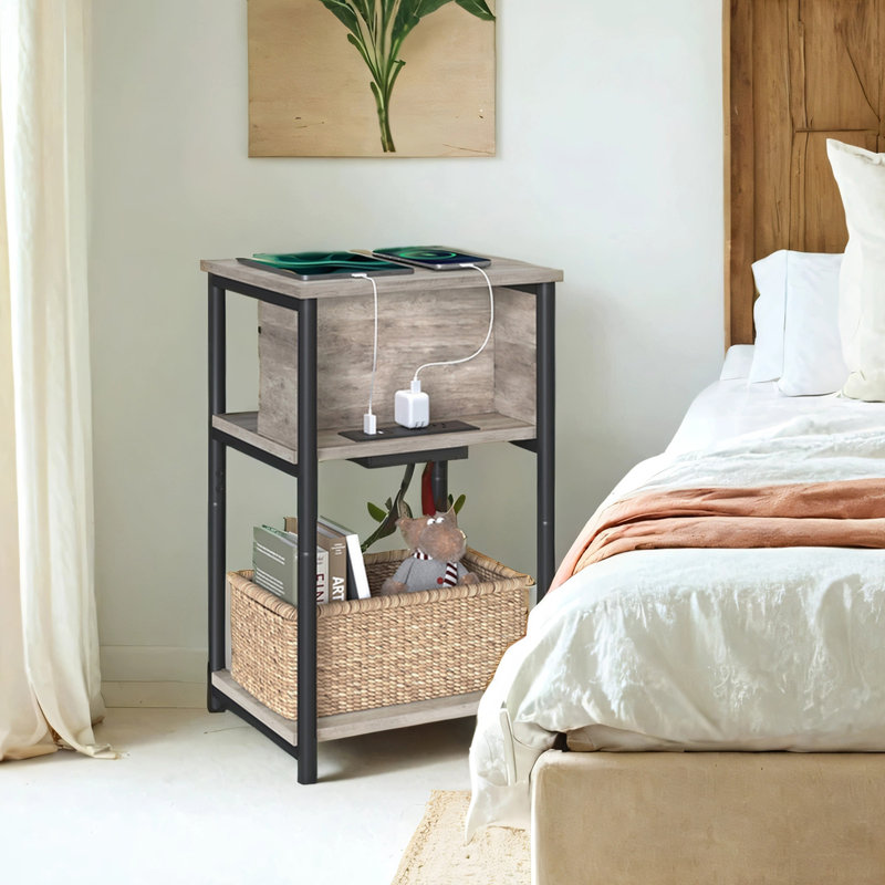 Side Table With Charging Station, Greige