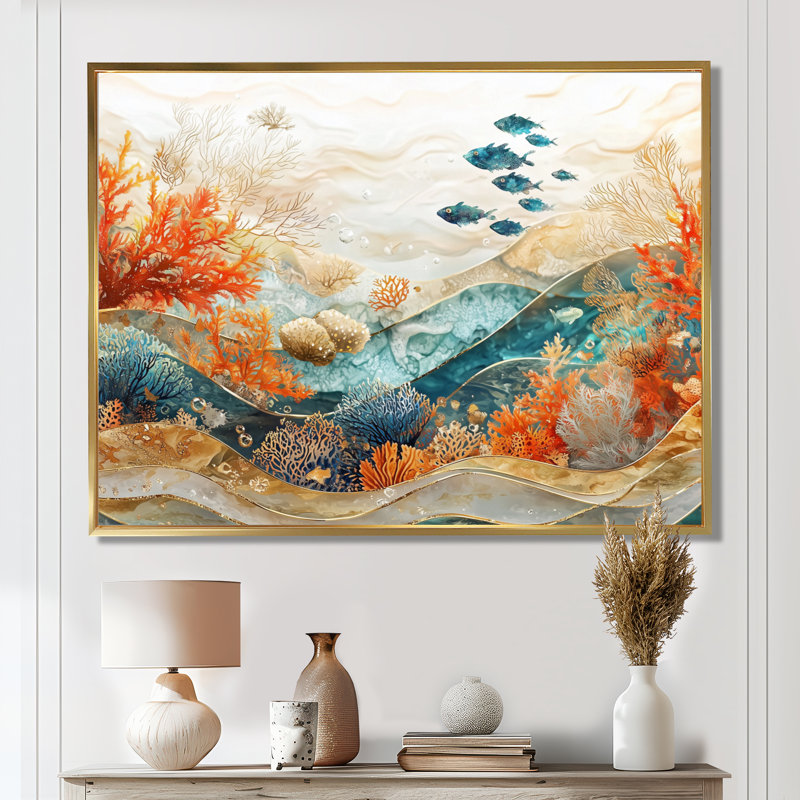 Auro Aquarium Fish and Amphibian Above A Coral II - art mural corail, H 30 po x l 40 po, Cadre flottant, Or