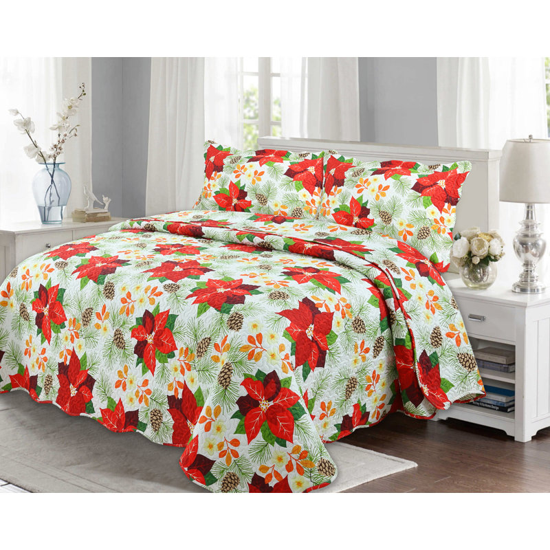 Marina Decoration Home Bedroom Pinsonic Bedding Coverlet Bedspread Soft 2 Piece Summer Christmas Embossed Printed Quilt Set with 1 Embossed Sham, Red Poinsettia White Base Pattern Twin/Single Size