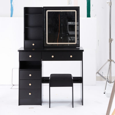 Table de meuble-lavabo avec tiroir à gauche 37 po avec tabouret rembourré, miroir à DEL tricolore coulissant et beaucoup de rangement pour les grands espaces de taille moyenne de 37 po et fonctionnant avec de grands espaces spacieux