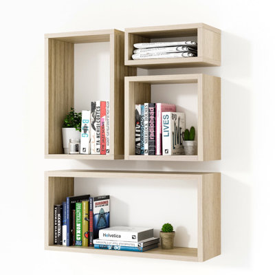  Wall Mount Cube Shelf Set Of 4,Floating Cube Shelves For Space Discovery, Light Oak