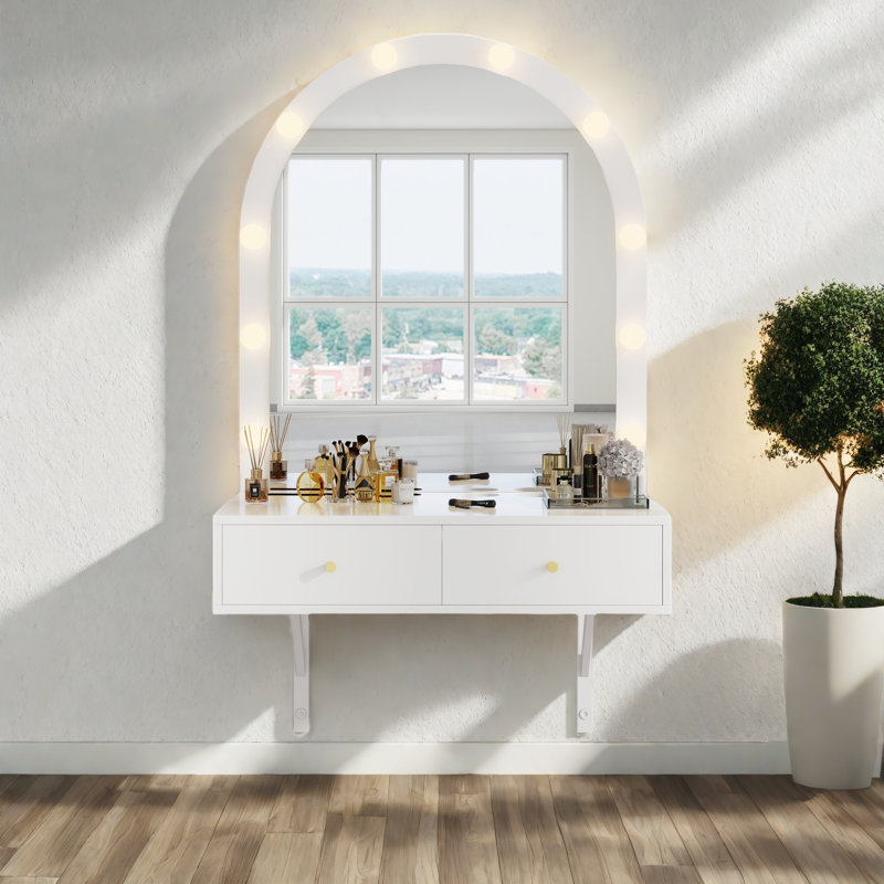 Floating Makeup Vanity Desk With Mirror & 3-Color Lights, Wall Dressing Table With Power Outlet, Compact Vanity, Large Storage