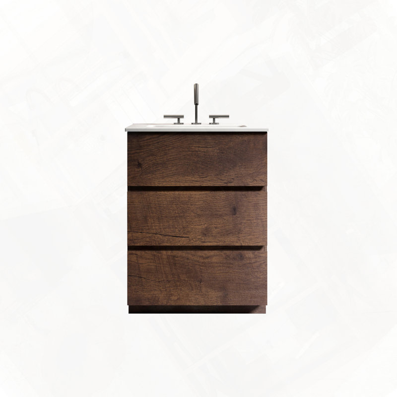 Meuble-lavabo autoportant avec lavabo et trois trous pour robinets, Noyer, 24"