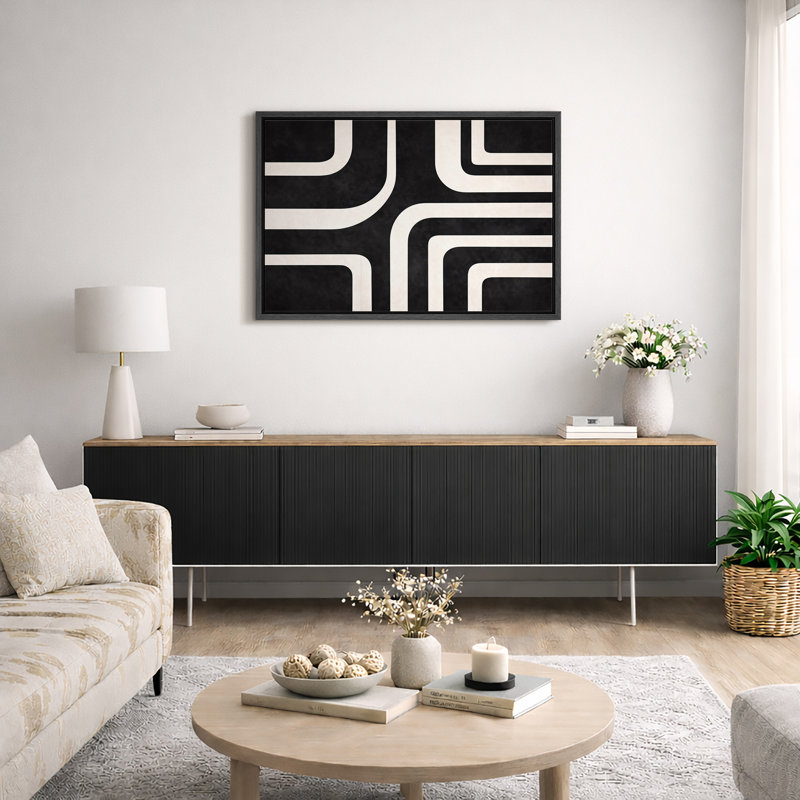 Abstrait noir et blanc, motif de courbes géométriques rétro, images de salon moderne, impression sur toile encadrée