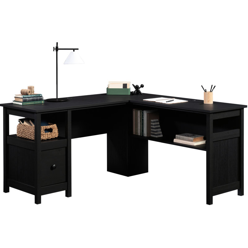 Bureau traditionnel en forme de L avec tiroir classeur et gestion des câbles, idéal pour la productivité quotidienne, finition stratifiée noire pour ordinateur, assemblage rapide, petits espaces de travail