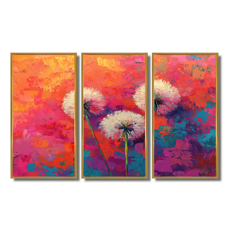 Neon Dandelion Burst in Bright Neon Pop Art II - Art mural pissenlit - ensemble de 3, H 28 po x l 36 po, Doré