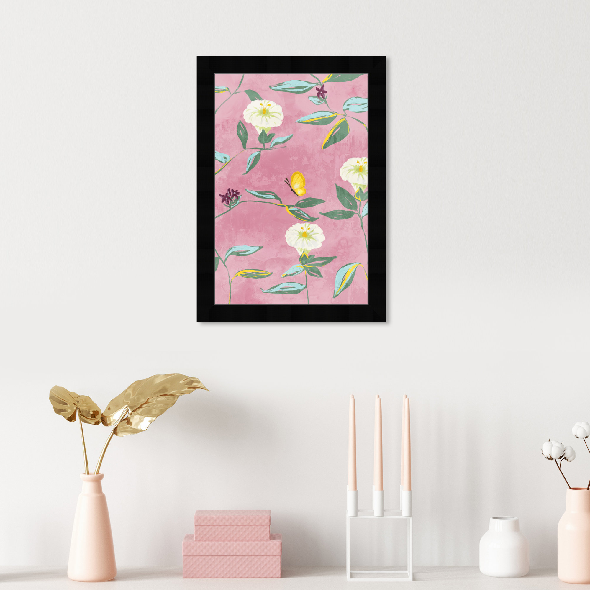 Floral Spring Tapestry Pattern by Birch Lane™ - Picture Frame Print, 17" H x 12" W, Black
