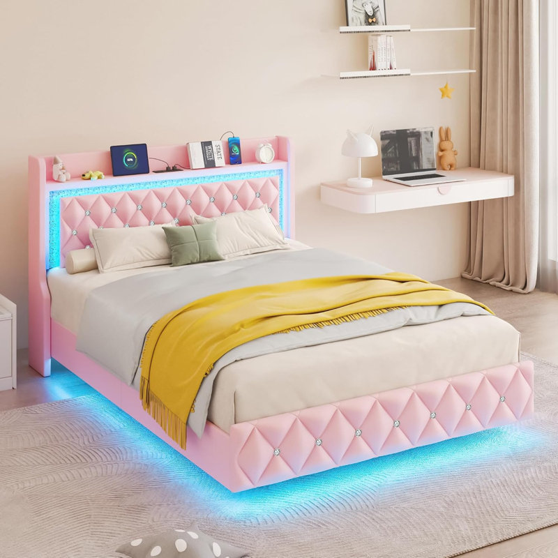 Cadre de lit flottant pour lit simple avec lumière DEL, lit plateforme en cuir de polyuréthane rembourré avec station de charge et oreilles, tête et pied de lit capitonnés avec rangement Diamond, aucun sommier nécessaire