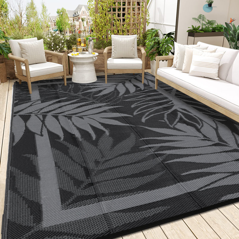 Outdoor Waterproof Reversible Rug – Modern Black & Grey Plastic Patio Mat, UV & Fade Resistant, Non-Slip, Portable, Easy Clean – For Garden, Patio, Deck, Poolside, Picnic – 8x10ft