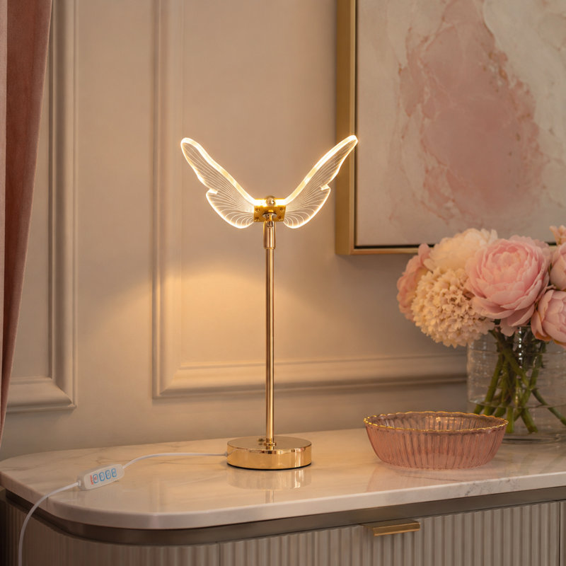 Lampe de table papillon doré DEL, lampe de chevet en acrylique H 15 po avec lumière tricolore, interrupteur en ligne et port de charge USB