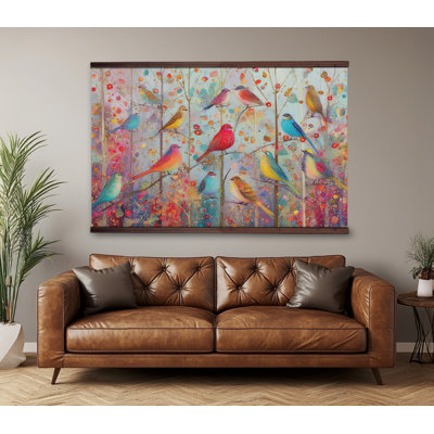 Oiseaux chanteurs colorés sur des branches - Tapisserie d'art nature vibrante avec cintres en bois