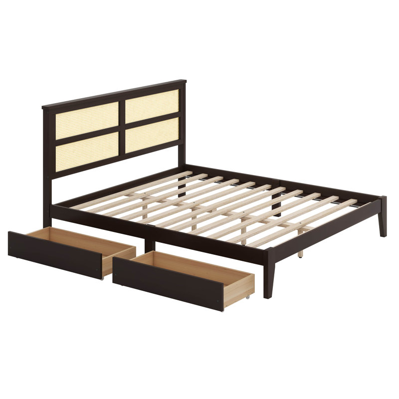 Lit avec tête de lit en rotin, deux tiroirs de rangement, lit en bois d'hévéa avec support et pieds améliorés, Chêne blanc