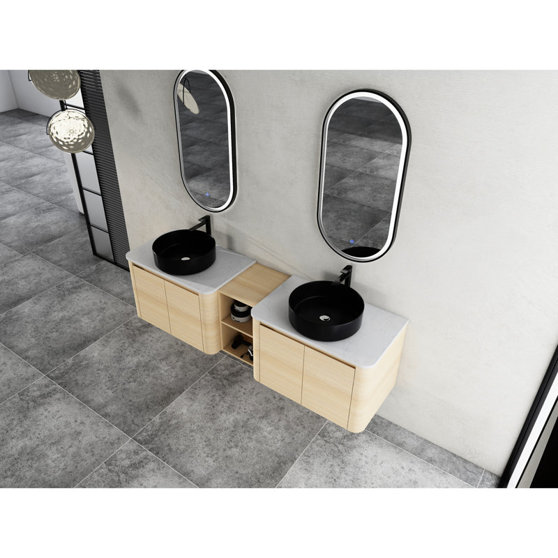 Meuble-lavabo mural 72 po, lavabo d'art en céramique, 1 tablette de rangement, 4 portes à fermeture en douceur, contreplaqué emballé Kd, optimisation de salle de bain