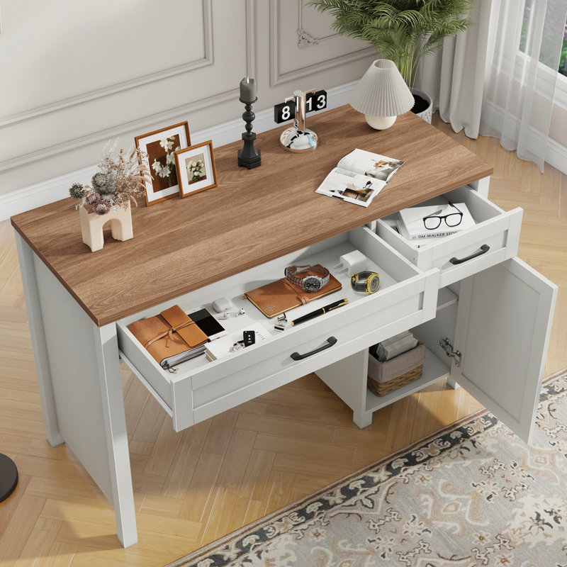 Bureau de direction, bureau d'ordinateur avec tiroirs et armoire de rangement Farmhouse, Brun / Blanc