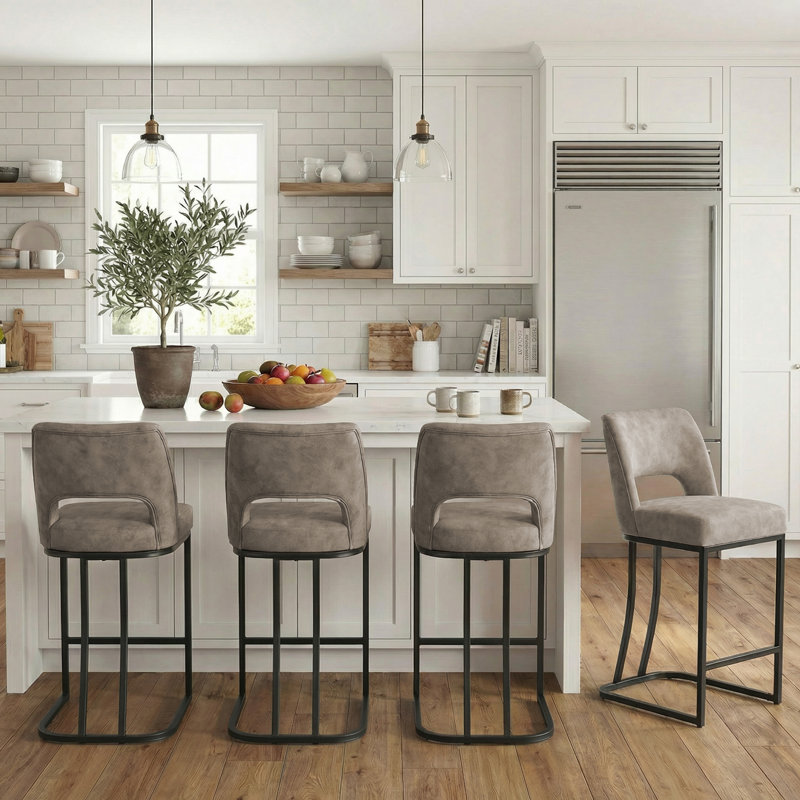 Modern Counter Height Barstools with Cutout Back, Comfy Faux Leather Kitchen Island Stool with Metal Frame, Set of 6, Taupe