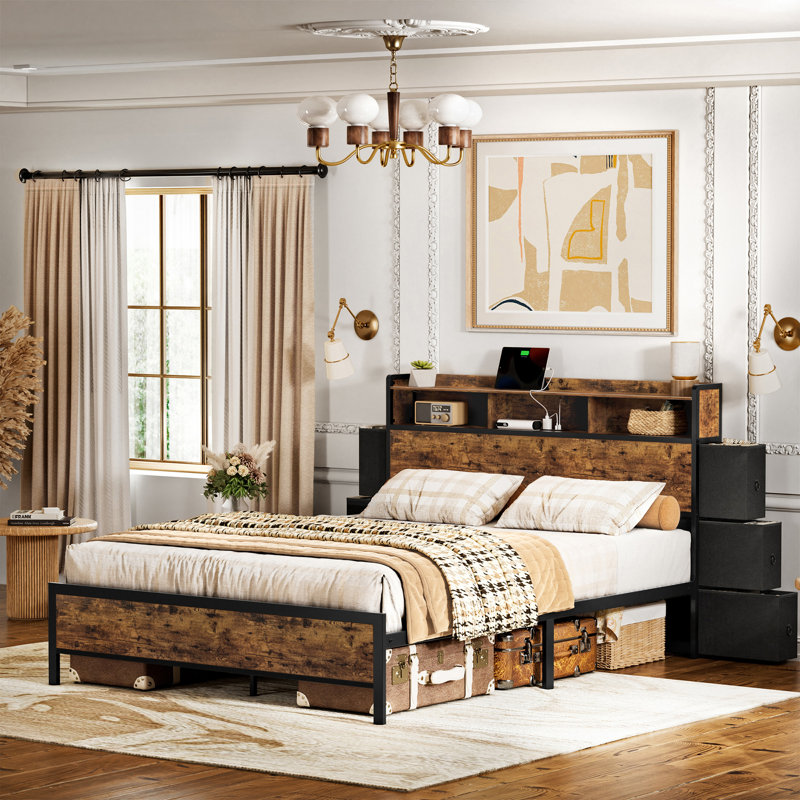 Antioch Bed Frame With Bookcase Headboard & 6 Storage Bedside Drawers, Storage Bed With Outlet & LED Light, Queen