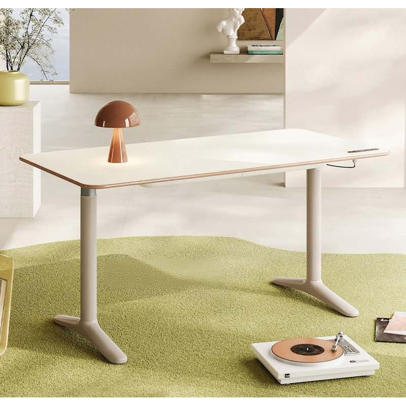 Modern Solid Wood Smart Electric Lifting Desk, White/Beige, 28.71" H x 59.06" W x 29.92" D