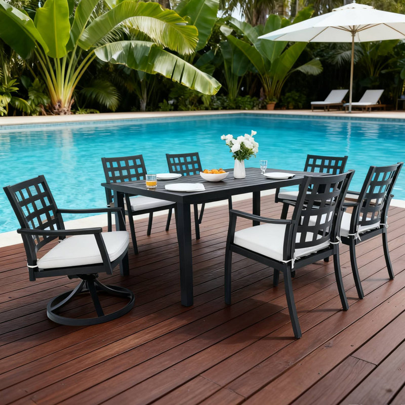 Ensemble de salle à manger d'extérieur moderne moderne de 7 pièces avec chaises berçantes pivotantes convenant aux fêtes de jardin et à la détente sur la terrasse