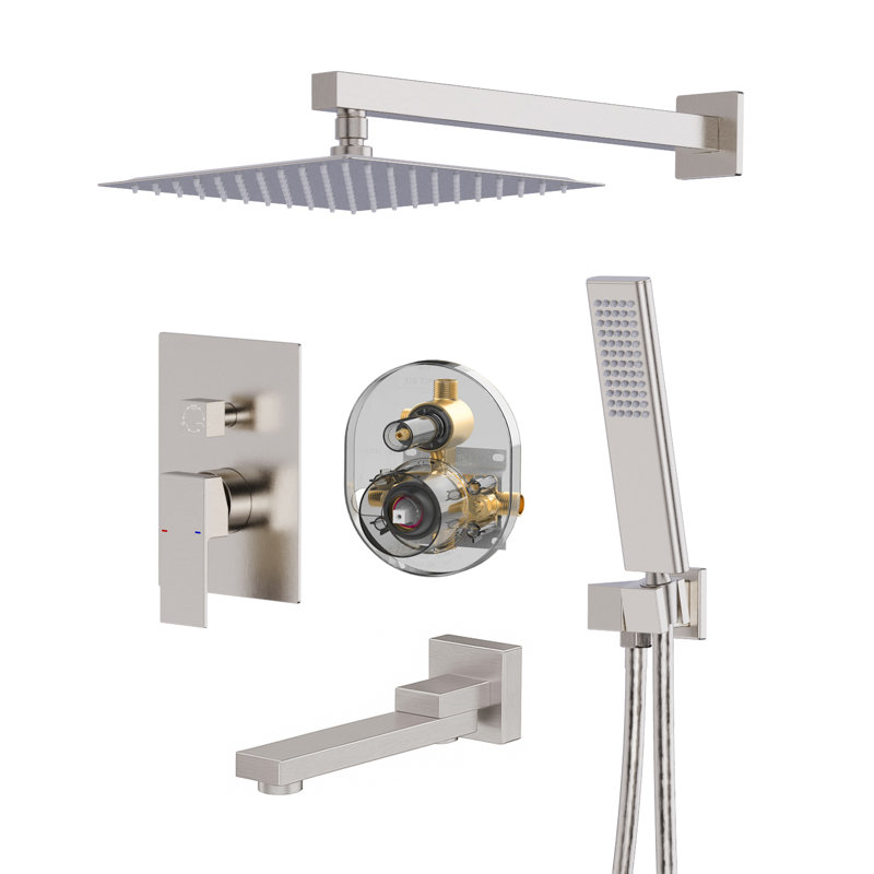 Topcraft Wall-Mounted 10-Inch Rain Shower System With Handheld Showerhead And Tub Spout, Brushed Nickel