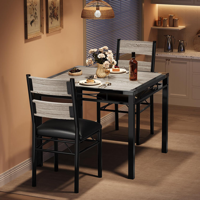 Ensemble de table de salle à manger, table en bois massif avec chaises rembourrées, taille compacte 3 pièces, style rustique pour les petites cuisines et appartements