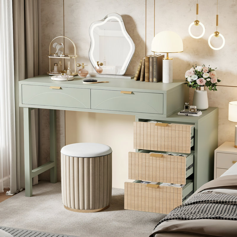 39.38-Inch Modern Dressing Table, Solid Wood Vanity Table With 5 Drawers For Large-Capacity Storage, Bedroom-Specific Dressing Cabinet, Mint Green.