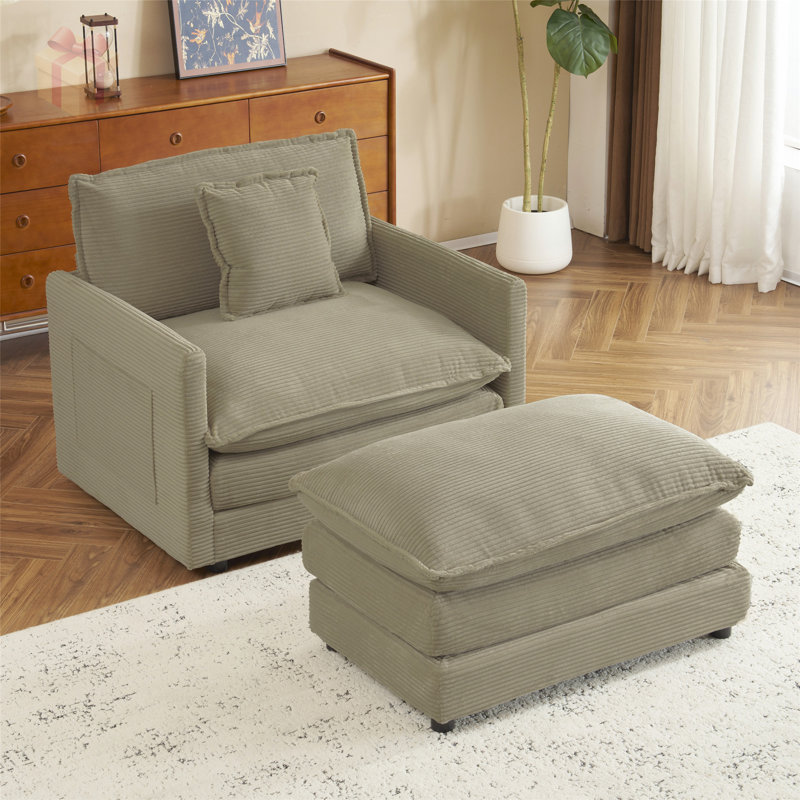 Canapé modulaire en velours côtelé avec assise très profonde, coussins à deux couches et repose-pieds mobile pour plus de confort et de flexibilité