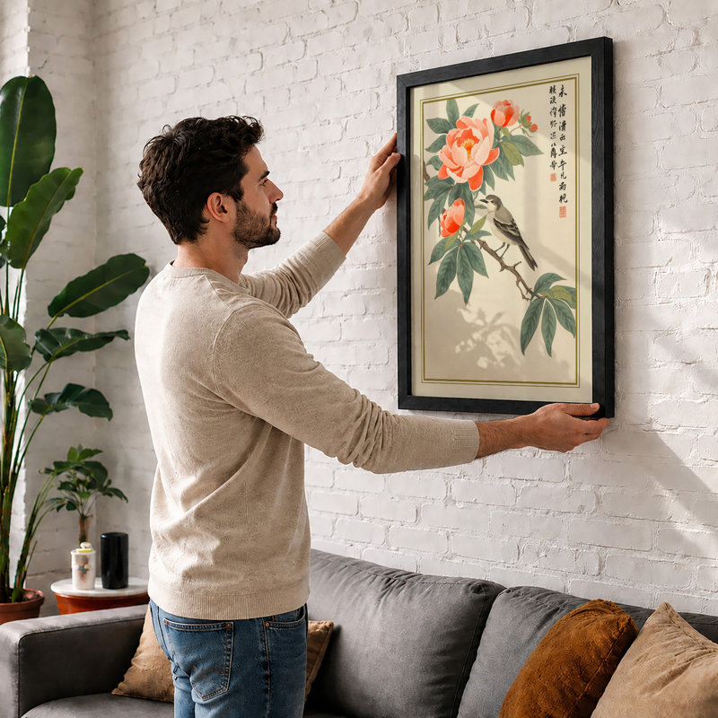 Bird Among Peonies Japandi - Framed Print, Walnut, A4 - 29.7 x 21.0 cm