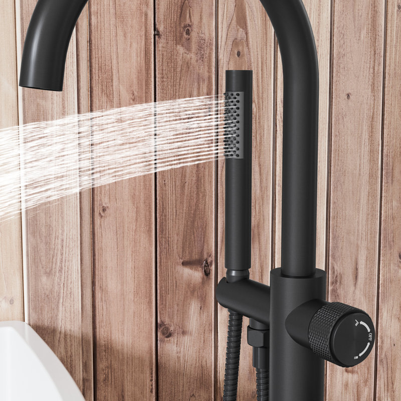 Single-Hole 316 Stainless Steel Thermostatic Freestanding Tub Filler with Hand Shower, Matte Black