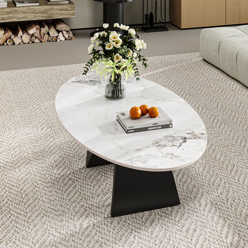 51.2'' Oval Coffee Table, White Sintered Stone Coffee Table with Carbon Steel Leg