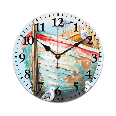 Horloge murale multicolore décorative 12 x 12 po, bateau rétro avec mouettes